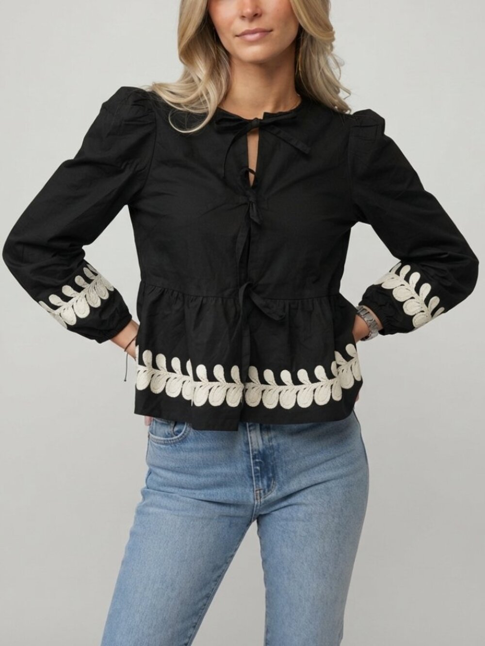 New! Amber & Amber Black Cotton Bow Tie Peplum Blouse Small 40010